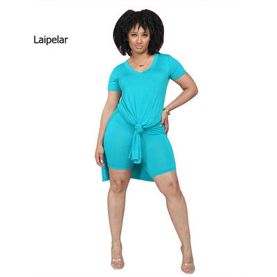 Active Wear  Solid Two Piece Set Tracksuit for Women Short Sleeve Side High Split Extra-long Tops and Skinny Shorts Outfits