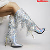 RIBETRINI Fashion Pointed Toe Fringe Sequined Mid Calf Boots For Women Zip Metallic Glitter Sexy Elegant Dress Long Shoes