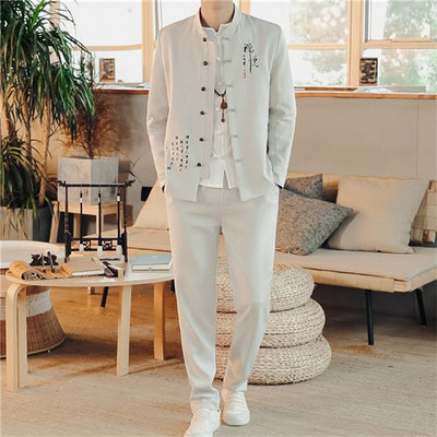 New Men's Business Casual Suit 2 Piece Chinese Vintage Style Men Wedding Embroidery Dress Clothing Blazers and Drawstring Pants