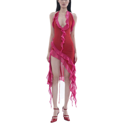 HOXIJIA Women Sexy Sleeveless Slit Dress Solid Color 3D Flower Sheer Mesh Irregular Ruffled Hem Tassels Dresses