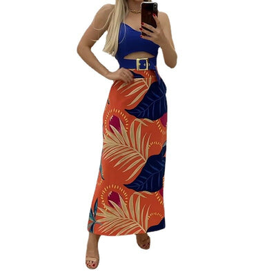 Sexy Babe Sleeveless Top & Printed Long Dress Two-Piece Set for 2023 Summer Ladies Fashion European American Women's Skirt Sets