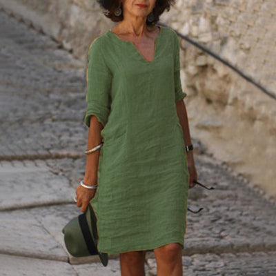 Cotton Linen Dress Vintage Casual V Neck Loose Waist Midi Beach Dress Women Clothing stitching retro solid color dress for women