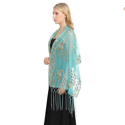 Spring Autumn Sequin Shawl Peacock Embroidery Tassel Shawl Party Evening Dress Shawl Cloak Ponchos Capes White