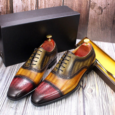 Handmade Mens Dress Shoes 100% Calf Leather Cap Toe Oxford Mixed Colors Lace Up Luxury Brogue Wedding Party Formal Shoes for Men