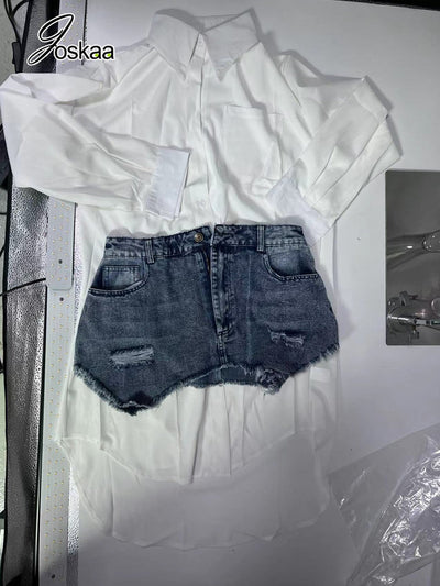 Joskaa Solid Lapel Long Sleeve Single Breasted Shirt Dress and Irregular Denim Skirt Two Piece Set Women 2023 Cute Street Outfit