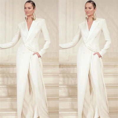 Women's Suits 2 Pieces Elegant Double Breasted Long Coat Women Slim Fit Party Dress Blazer Pants