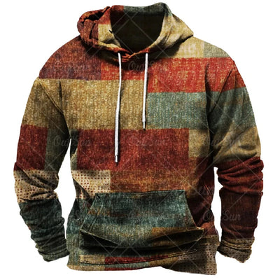 Vintage Men's Hoodie For Sweatshirt 3d Plaid Print Long Sleeve Pullover Street Man Clothing Men's Oversized Hooded Sweater 2023