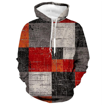 Vintage Men's Hoodie For Sweatshirt 3d Plaid Print Long Sleeve Pullover Street Man Clothing Men's Oversized Hooded Sweater 2023