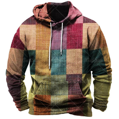 Vintage Men's Hoodie For Sweatshirt 3d Plaid Print Long Sleeve Pullover Street Man Clothing Men's Oversized Hooded Sweater 2023