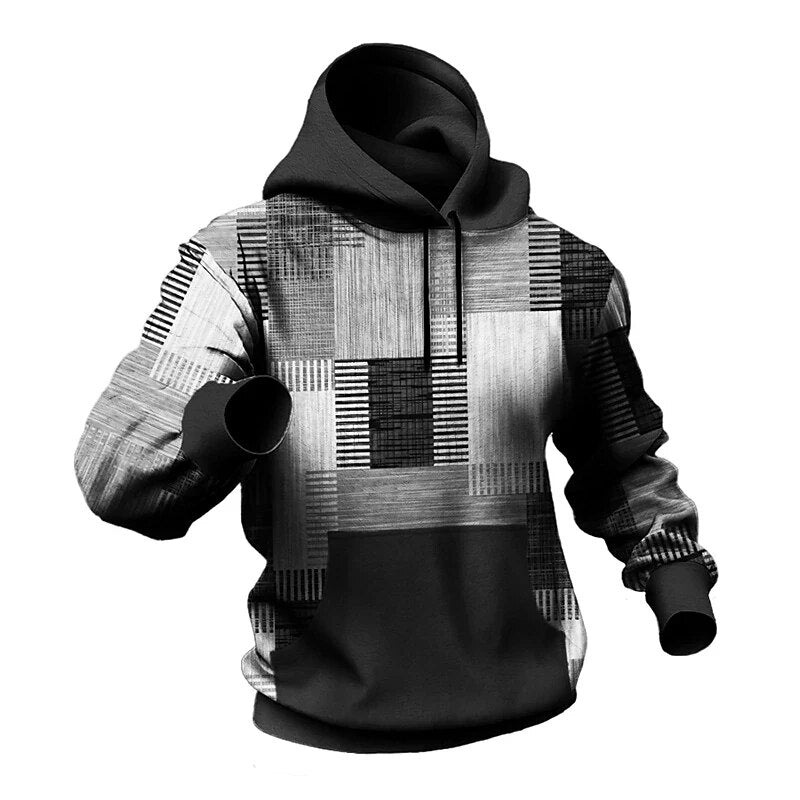 Vintage Men's Hoodie For Sweatshirt 3d Plaid Print Long Sleeve Pullover Street Man Clothing Men's Oversized Hooded Sweater 2023
