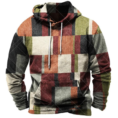 Vintage Men's Hoodie For Sweatshirt 3d Plaid Print Long Sleeve Pullover Street Man Clothing Men's Oversized Hooded Sweater 2023