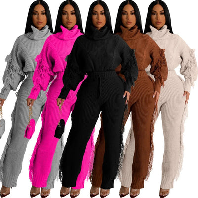 Women Solid Color Long Sleeve Turtleneck and Fringe Trousers Two Piece Suit Winter Casual Knit Thickening Homewear Matching Set