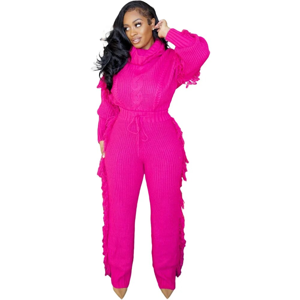 Women Solid Color Long Sleeve Turtleneck and Fringe Trousers Two Piece Suit Winter Casual Knit Thickening Homewear Matching Set