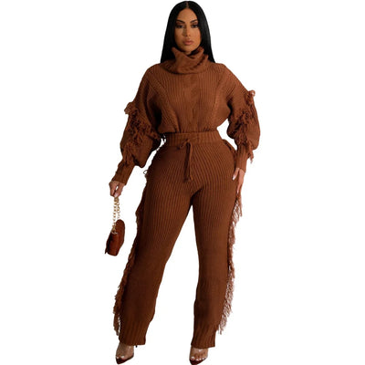 Women Solid Color Long Sleeve Turtleneck and Fringe Trousers Two Piece Suit Winter Casual Knit Thickening Homewear Matching Set