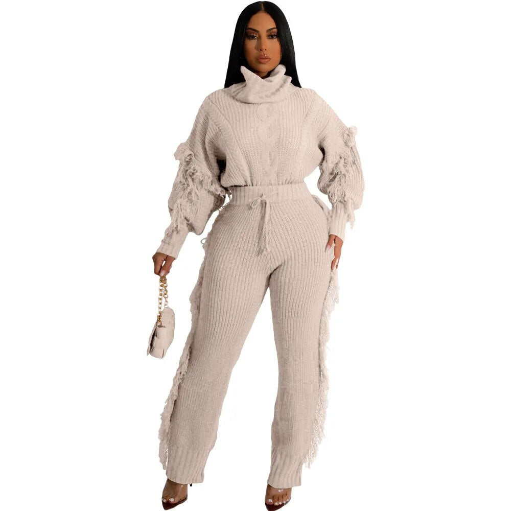 Women Solid Color Long Sleeve Turtleneck and Fringe Trousers Two Piece Suit Winter Casual Knit Thickening Homewear Matching Set