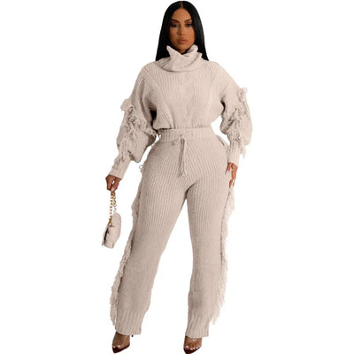 Women Solid Color Long Sleeve Turtleneck and Fringe Trousers Two Piece Suit Winter Casual Knit Thickening Homewear Matching Set
